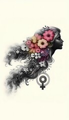 A classic, timeless illustration of a womans profile, her hair flowing into a river of flowers, symbolizing the beauty and life-giving power of women, Ai generated image