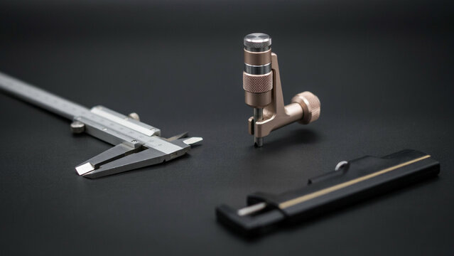 Precision measuring tools including calipers and a specialized metal device on dark background