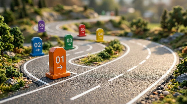 Toy race track with numbered checkpoints, miniature winding road, playful concept
