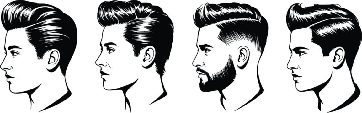 Set of four male head silhouettes in profile view featuring various trendy hairstyles and a beard isolated on a plain white background, for salon