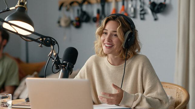 A talk show host warming up broadcast equipment in a modest home studio, a row of production tools hung on the wall behind as a small group gathers for a social connection mental