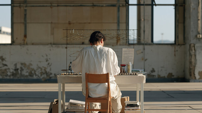 An incense crafter improvises a drying rack from salvaged wire hangers inside a bare empty warehouse, her clean organized workstation contrasting with the desolate surroundings,