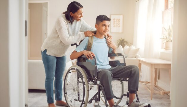Mujer ayudando a un hombre en silla de ruedas en un interior luminoso