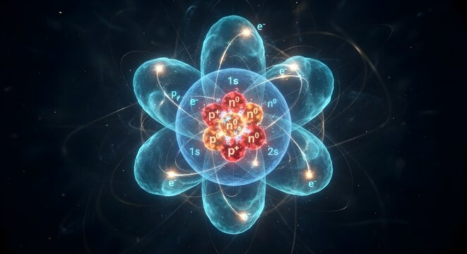 A detailed 3D scientific visualization of an atomic structure, showing protons, neutrons in the nucleus, and electrons orbiting in shells with glowing energy clouds in deep space.