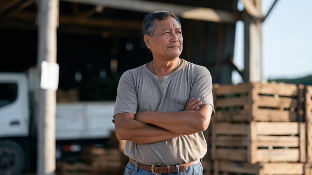 Elderly Filipino farmer watching a local delivery truck being packed with fresh harvested tropical fruit crates at a rural packhouse loading zone, smallholder agriculture, farm to