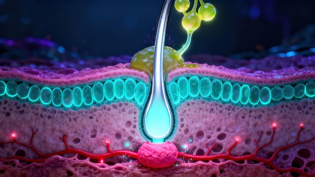 Healthy Hair Follicle and Sebaceous Gland in Normal Active Function Cross-Section View