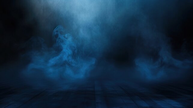 Cinematic dark room background featuring a wooden floor and swirling blue smoke or mist, ideal for product placement, theatrical stage atmosphere, dramatic studio presentation, and advertisement.