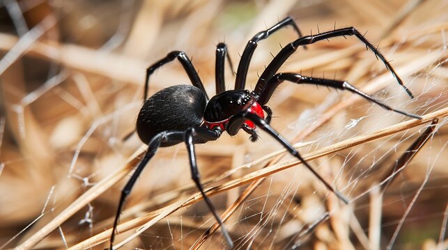 Detailed Macro Shot of a Venomous Black Spider with Red Markings Crawling on Dry Grass and Silk Web in its Natural Habitat, Highlighting the Intricate Anatomy of the Arachnid Predator