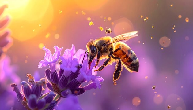 Abeja volando junto a flores violetas iluminadas por el sol