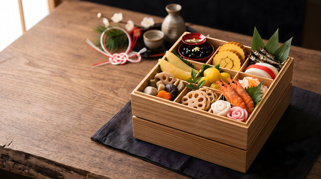 Traditional Japanese New Year food Osechi in a light wooden bento box with sake set.