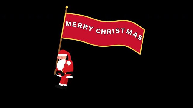 Polished colorful 3D cartoon Santa Claus running energetically while carrying a waving festive red flag with MERRY CHRISTMAS text on a true transparent alpha background. Fixed elbow joints bending dir
