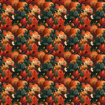 dense fall pumpkin maple leaf acorn seamless vector background pattern