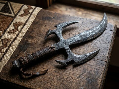 A hand-forged fantasy style iron dagger with leather wrapped handle resting on a weathered wooden table with side fabric textile