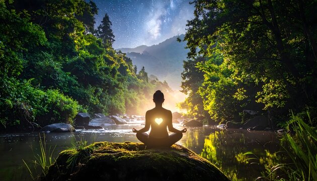 Persona meditando junto a un r&iacute;o en un paisaje natural al amanecer