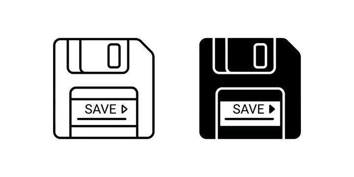 Floppy disk save icon in black outline and solid style for classic digital data storage.