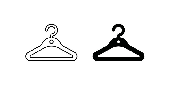 Clothes hanger icons linear and solid black shapes for retail fashion and wardrobe organization graphics.