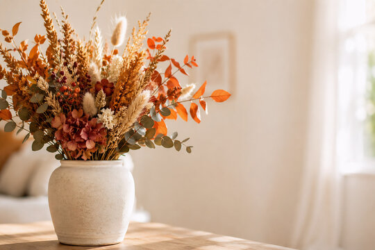 Herbstlicher Trockenblumenstrau&szlig; mit Hortensien und Eukalyptus in heller Keramikvase