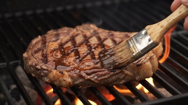 Bone-in ribeye steak with deep grill marks being basted with a brush over open flames on a barbecue grate