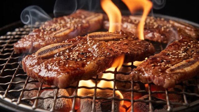 Marinated beef short ribs with sesame seeds grilling over charcoal flames on a round wire grate, Korean barbecue close-up
