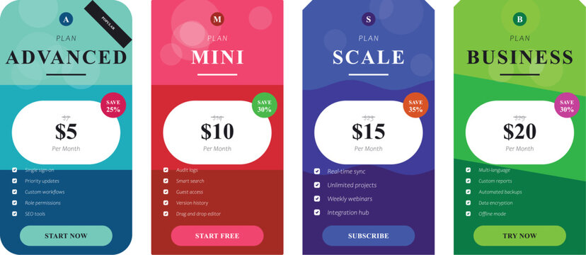Four modern pricing plan cards for subscription services Vector