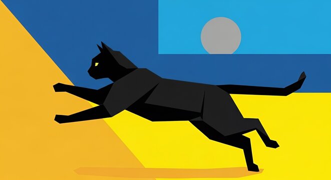 Black Cat Running Under a Full Moon at Night.