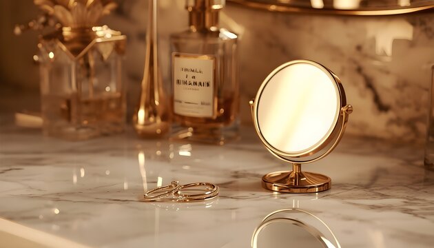 Small round vanity mirror and perfume bottles on a marble dressing table