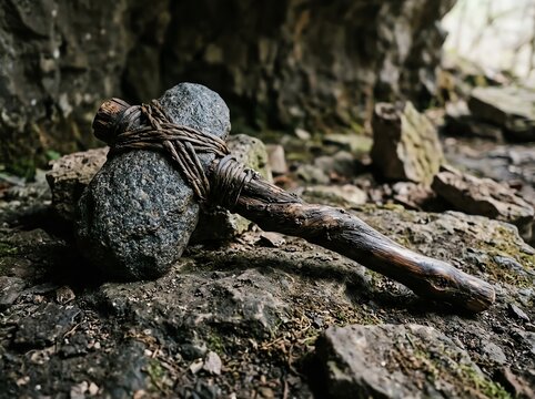 Handmade stone axe with wooden handle bound by leather strips resting on rocky cave floor, cinematic side lighting, rustic prehistoric historical style, authentic atmosphere