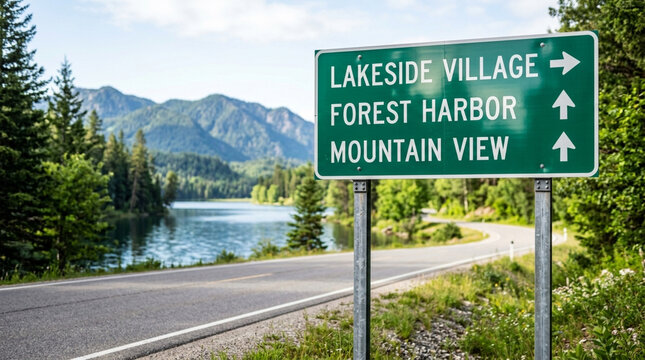 Road sign pointing to Lakeside Village, Forest Harbor, and Mountain View in a scenic landscape.