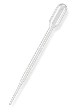 Transparent disposable plastic transfer pipette with an integrated bulb and narrow tapered tip, shown empty on a clean white background.