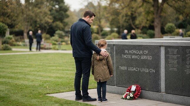 Father and daughter pay respects at a memorial wall.