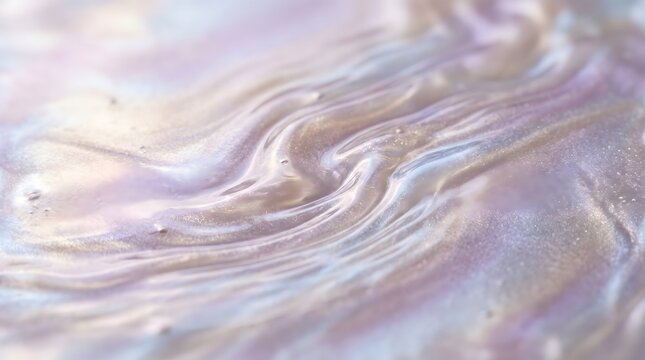 Iridescent pearlescent liquid texture, shimmering holographic swirl background, metallic pastel purple and white fluid paint ripples