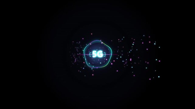 5 g network technology abstract neon motion with digital particles and data connectivity symbols