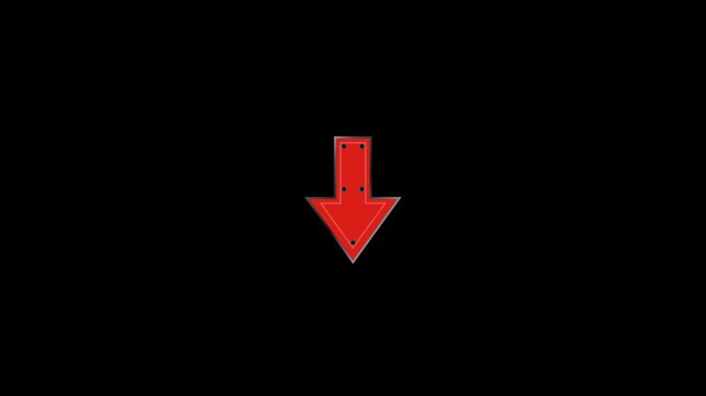 Bold Red Metallic Down Arrow Sign with Rivets on Black Background - Directional Indicator