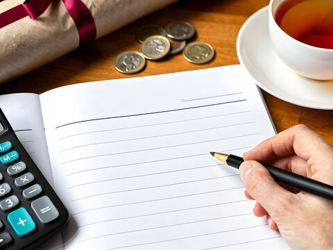 Financial Planning in Progress: A close-up view shows a hand holding a pen over a blank notebook, ready to jot down notes, with a calculator, coins, and a diploma nearby.