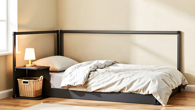 Minimalist Bedroom Setup: A simple bed with textured duvet and a bedside table with a woven basket and lamp creates a serene and organized sleeping space.