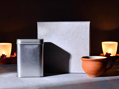 Zen Moment: A tranquil arrangement featuring a ceramic cup and saucer, a metallic tin, and a blank white box, illuminated by the soft glow of two candles.