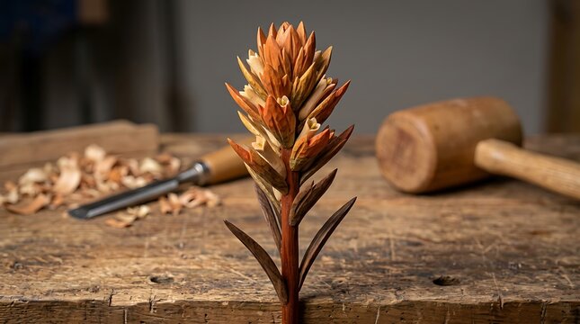 Carved Wooden Red Hot Poker Flower