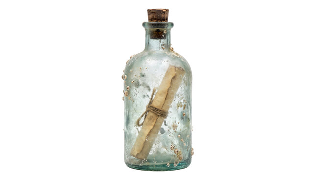 Vintage message in a bottle with weathered paper scroll, antique glass nautical vessel with cork stopper, rustic maritime treasure and pirate letter isolated PNG with Transparent Background