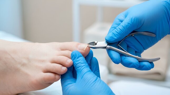 Podiatrist Cutting Toenail with Metal Nipper Tool in Clinic Close Up &ndash; Medical Pedicure Banner