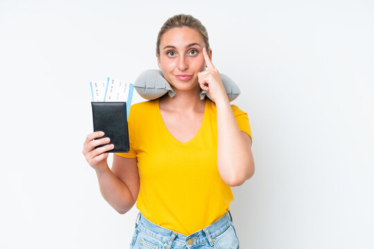 Woman with Inflatable Travel Pillow thinking an idea