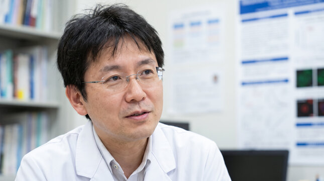 研究室でインタビューに応じる大学教授と研究者の男性 医師