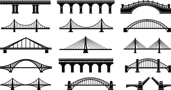 Bridge silhouette vector icon set featuring suspension arch cable stayed truss aqueduct viaduct and drawbridge transit infrastructure design elements