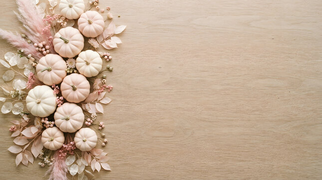 Autumnal arrangement of miniature pumpkins and delicate dried flowers on a wood surface
