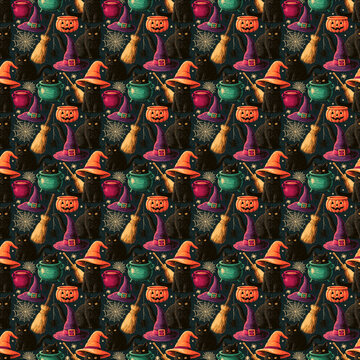 spooky halloween black cat witch hat pumpkin seamless vector pattern background