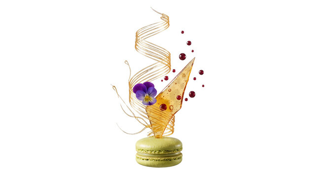 Gourmet pistachio macaron with spun sugar art, elegant french pastry with edible flower and caramel decoration, luxury dessert on white background