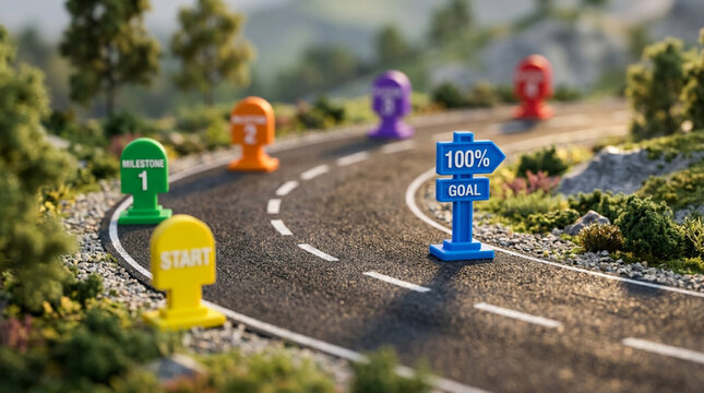 Road to Success: Start, Milestones, and 100% Goal with Toy Markers
