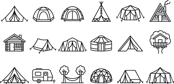 Camping tents line icons and outdoor shelter vector set featuring tourist cabins tipis yurts domes caravans and hammock shelters