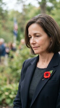 Woman wearing a red poppy remembrance flower on her lapel outdoors.