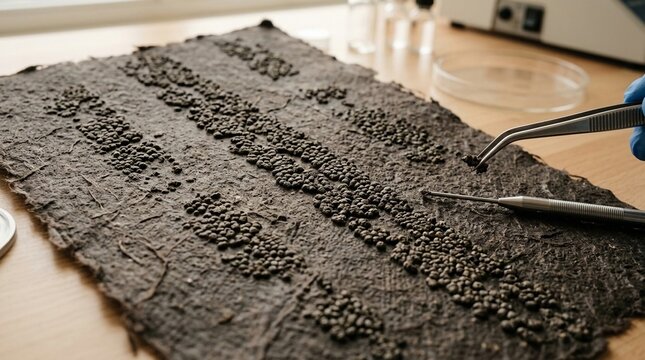 Detailed surface texture of microbial colonies cultured on a dark substrate in a laboratory setting for scientific research