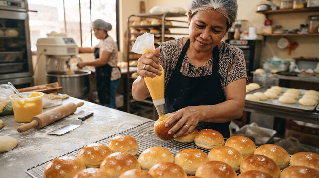 Bakery worker piping creamy yellow filling into freshly baked buns in a busy commercial baking kitchen.